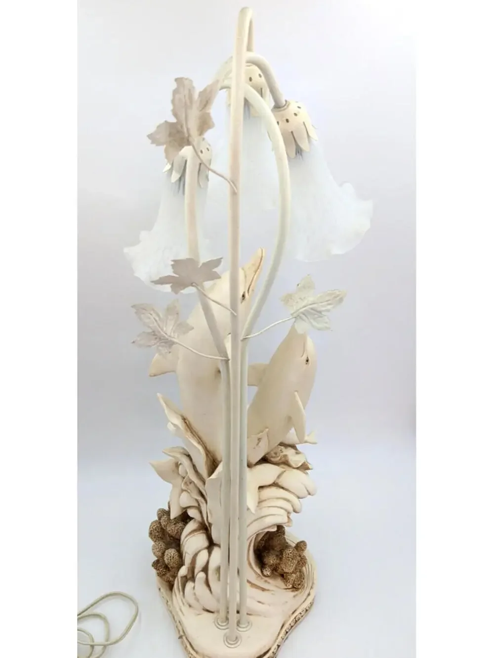 VTG Ceramic Sculpted 3D Dolphins Table Lamp 3 Lights Glass Tulip Shades 30